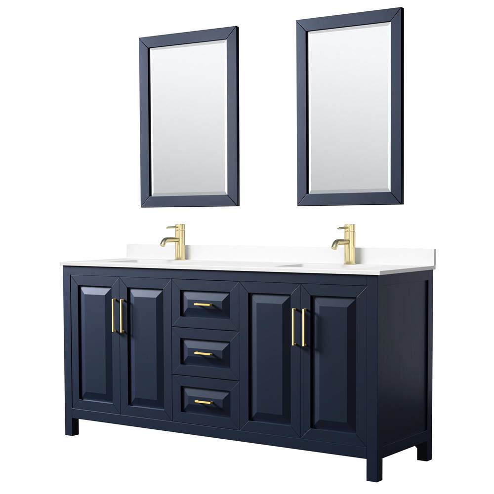 Wyndham Collection - Daria 72 Inch Double Bathroom Vanity in Dark Blue, White Cultured Marble Countertop, Undermount Square Sinks, 24 Inch Mirrors