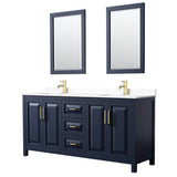 Wyndham Collection - Daria 72 Inch Double Bathroom Vanity in Dark Blue, White Cultured Marble Countertop, Undermount Square Sinks, 24 Inch Mirrors