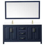 Daria 72 Inch Double Bathroom Vanity in Dark Blue, White Cultured Marble Countertop, Undermount Square Sinks, 70 Inch Mirror