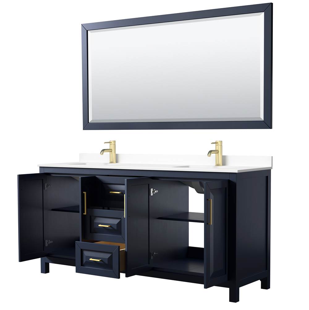 Daria 72 Inch Double Bathroom Vanity in Dark Blue, White Cultured Marble Countertop, Undermount Square Sinks, 70 Inch Mirror
