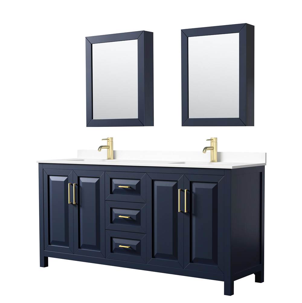 Wyndham Collection - Daria 72 Inch Double Bathroom Vanity in Dark Blue, White Cultured Marble Countertop, Undermount Square Sinks, Medicine Cabinets