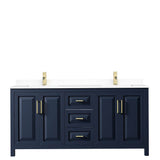 Daria 72 Inch Double Bathroom Vanity in Dark Blue, White Cultured Marble Countertop, Undermount Square Sinks, No Mirror