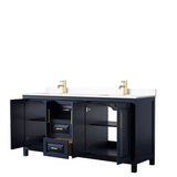 Daria 72 Inch Double Bathroom Vanity in Dark Blue, White Cultured Marble Countertop, Undermount Square Sinks, No Mirror