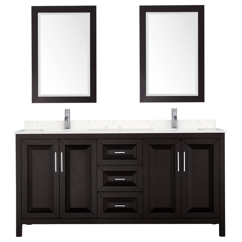Daria 72 Inch Double Bathroom Vanity in Dark Espresso, Carrara Cultured Marble Countertop, Undermount Square Sinks, 24 Inch Mirrors