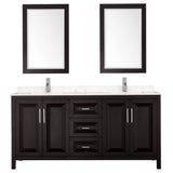 Daria 72 Inch Double Bathroom Vanity in Dark Espresso, Carrara Cultured Marble Countertop, Undermount Square Sinks, 24 Inch Mirrors