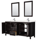 Daria 72 Inch Double Bathroom Vanity in Dark Espresso, Carrara Cultured Marble Countertop, Undermount Square Sinks, 24 Inch Mirrors