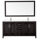 Daria 72 Inch Double Bathroom Vanity in Dark Espresso, Carrara Cultured Marble Countertop, Undermount Square Sinks, 70 Inch Mirror