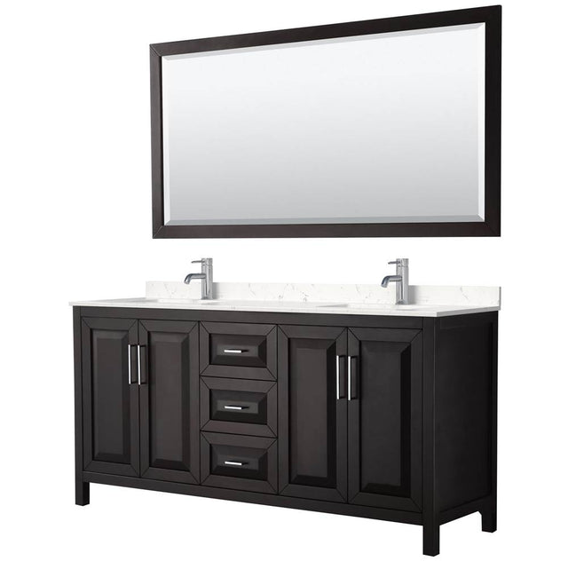 Wyndham Collection - Daria 72 Inch Double Bathroom Vanity in Dark Espresso, Carrara Cultured Marble Countertop, Undermount Square Sinks, 70 Inch Mirror