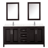 Daria 72 Inch Double Bathroom Vanity in Dark Espresso, Carrara Cultured Marble Countertop, Undermount Square Sinks, Medicine Cabinets