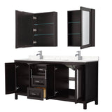 Daria 72 Inch Double Bathroom Vanity in Dark Espresso, Carrara Cultured Marble Countertop, Undermount Square Sinks, Medicine Cabinets