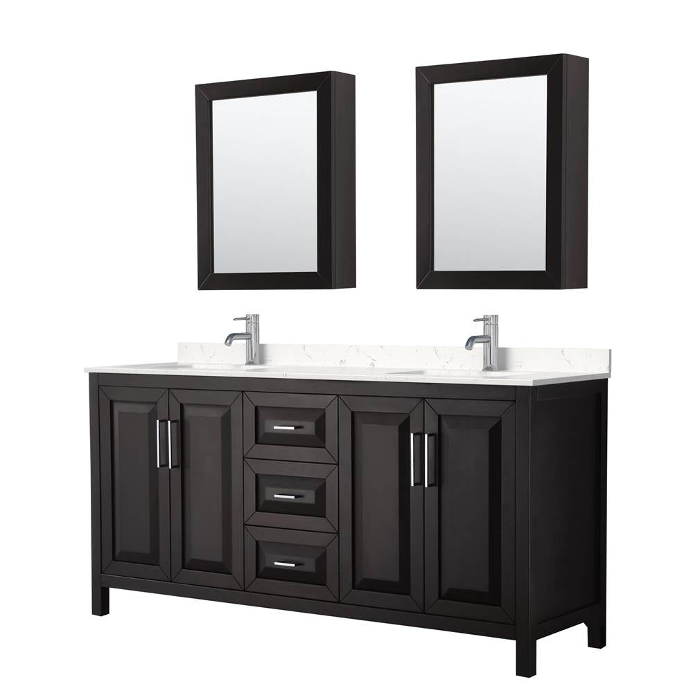 Wyndham Collection - Daria 72 Inch Double Bathroom Vanity in Dark Espresso, Carrara Cultured Marble Countertop, Undermount Square Sinks, Medicine Cabinets