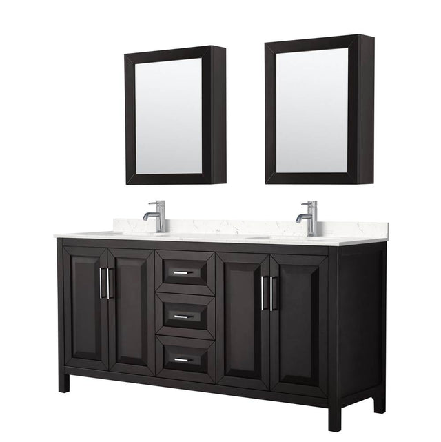 Wyndham Collection - Daria 72 Inch Double Bathroom Vanity in Dark Espresso, Carrara Cultured Marble Countertop, Undermount Square Sinks, Medicine Cabinets