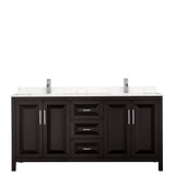 Daria 72 Inch Double Bathroom Vanity in Dark Espresso, Carrara Cultured Marble Countertop, Undermount Square Sinks, No Mirror