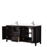 Daria 72 Inch Double Bathroom Vanity in Dark Espresso, Carrara Cultured Marble Countertop, Undermount Square Sinks, No Mirror