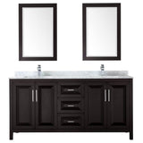 Daria 72 Inch Double Bathroom Vanity in Dark Blue, White Carrara Marble Countertop, Undermount Square Sinks, 24 Inch Mirrors