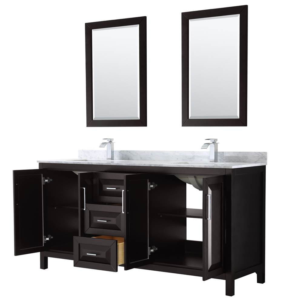 Daria 72 Inch Double Bathroom Vanity in Dark Blue, White Carrara Marble Countertop, Undermount Square Sinks, 24 Inch Mirrors