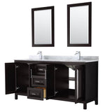 Daria 72 Inch Double Bathroom Vanity in Dark Blue, White Carrara Marble Countertop, Undermount Square Sinks, 24 Inch Mirrors