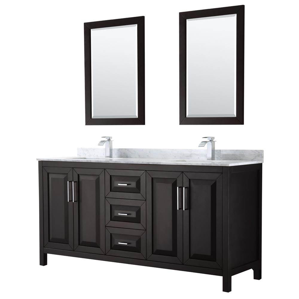 Wyndham Collection - Daria 72 Inch Double Bathroom Vanity in Dark Espresso, White Carrara Marble Countertop, Undermount Square Sinks, and 24 Inch Mirrors - Dark Espresso