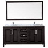 Daria 72 Inch Double Bathroom Vanity in Dark Blue, White Carrara Marble Countertop, Undermount Square Sinks, 70 Inch Mirror