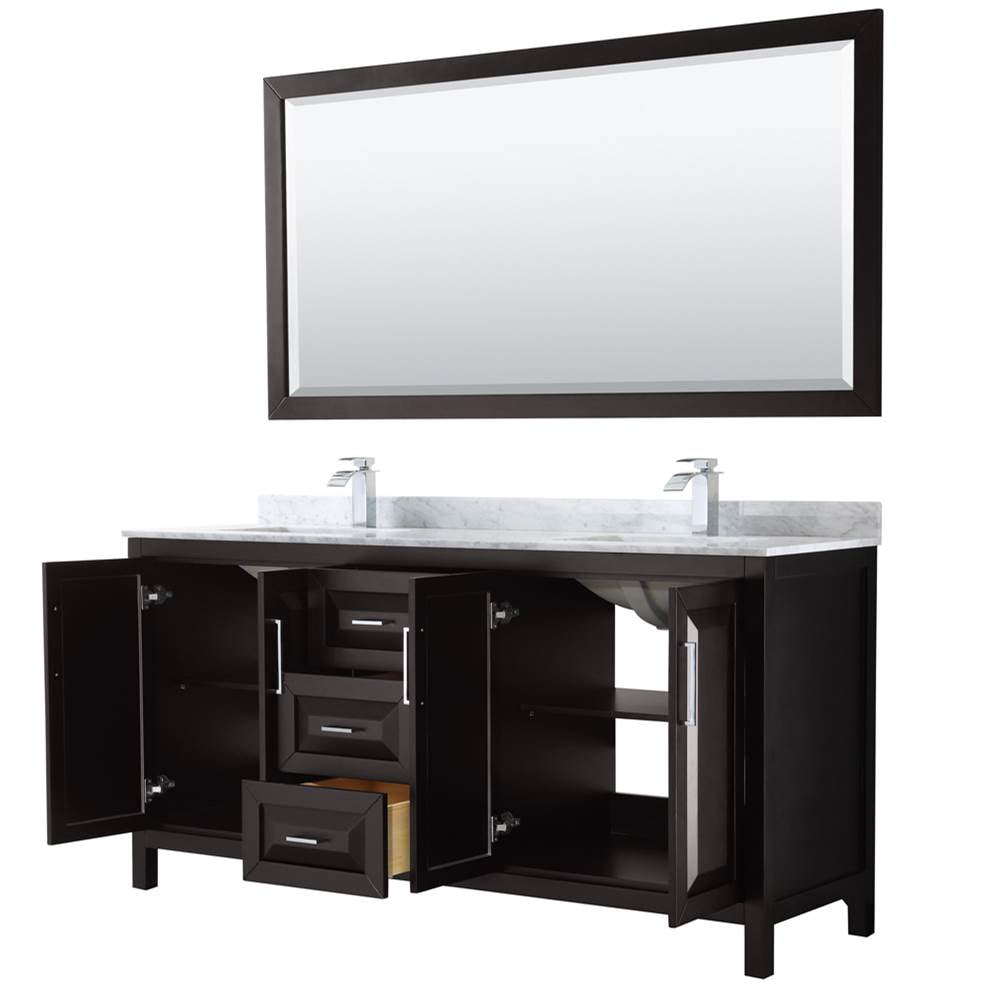 Daria 72 Inch Double Bathroom Vanity in Dark Blue, White Carrara Marble Countertop, Undermount Square Sinks, 70 Inch Mirror