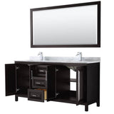 Daria 72 Inch Double Bathroom Vanity in Dark Blue, White Carrara Marble Countertop, Undermount Square Sinks, 70 Inch Mirror