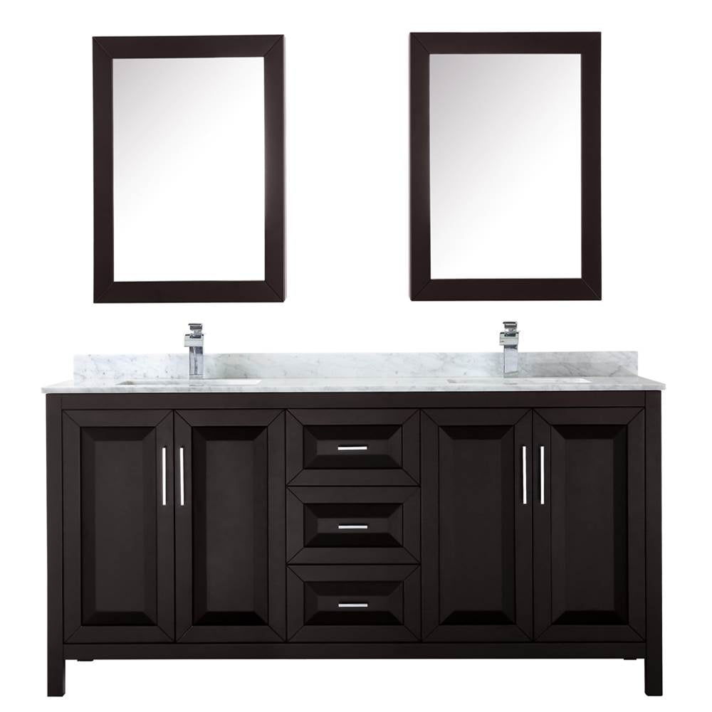Daria 72 Inch Double Bathroom Vanity in Dark Blue, White Carrara Marble Countertop, Undermount Square Sinks, Medicine Cabinets