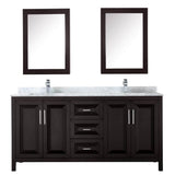 Daria 72 Inch Double Bathroom Vanity in Dark Blue, White Carrara Marble Countertop, Undermount Square Sinks, Medicine Cabinets