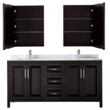 Daria 72 Inch Double Bathroom Vanity in Dark Blue, White Carrara Marble Countertop, Undermount Square Sinks, Medicine Cabinets