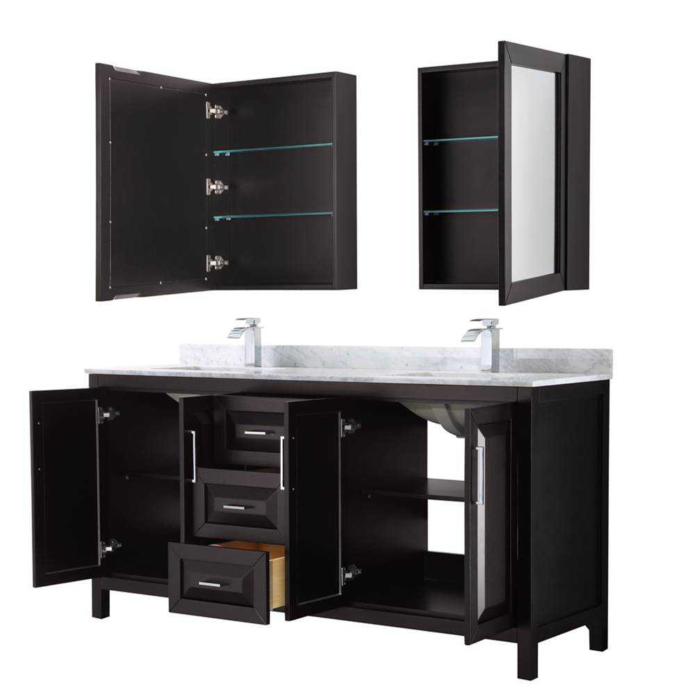 Daria 72 Inch Double Bathroom Vanity in Dark Blue, White Carrara Marble Countertop, Undermount Square Sinks, Medicine Cabinets