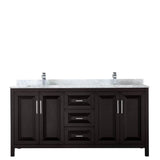 Daria 72 Inch Double Bathroom Vanity in Dark Blue, White Carrara Marble Countertop, Undermount Square Sinks, No Mirror
