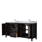 Daria 72 Inch Double Bathroom Vanity in Dark Blue, White Carrara Marble Countertop, Undermount Square Sinks, No Mirror