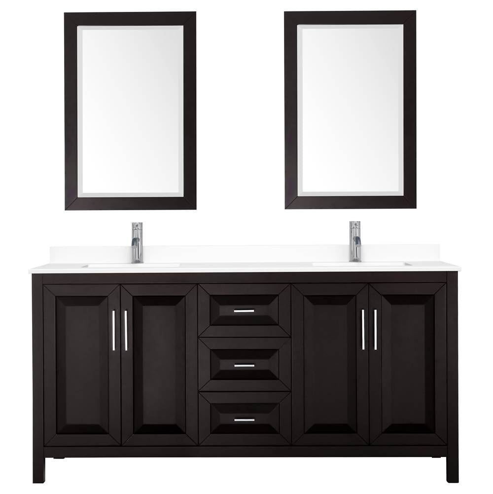 Daria 72 Inch Double Bathroom Vanity in Dark Espresso, White Cultured Marble Countertop, Undermount Square Sinks, 24 Inch Mirrors