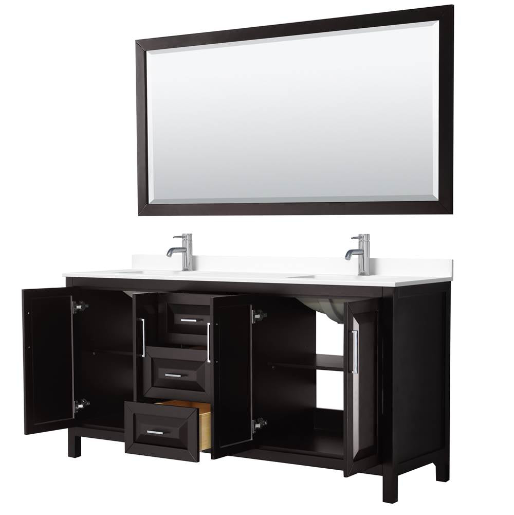 Daria 72 Inch Double Bathroom Vanity in Dark Espresso, White Cultured Marble Countertop, Undermount Square Sinks, 70 Inch Mirror