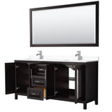 Daria 72 Inch Double Bathroom Vanity in Dark Espresso, White Cultured Marble Countertop, Undermount Square Sinks, 70 Inch Mirror
