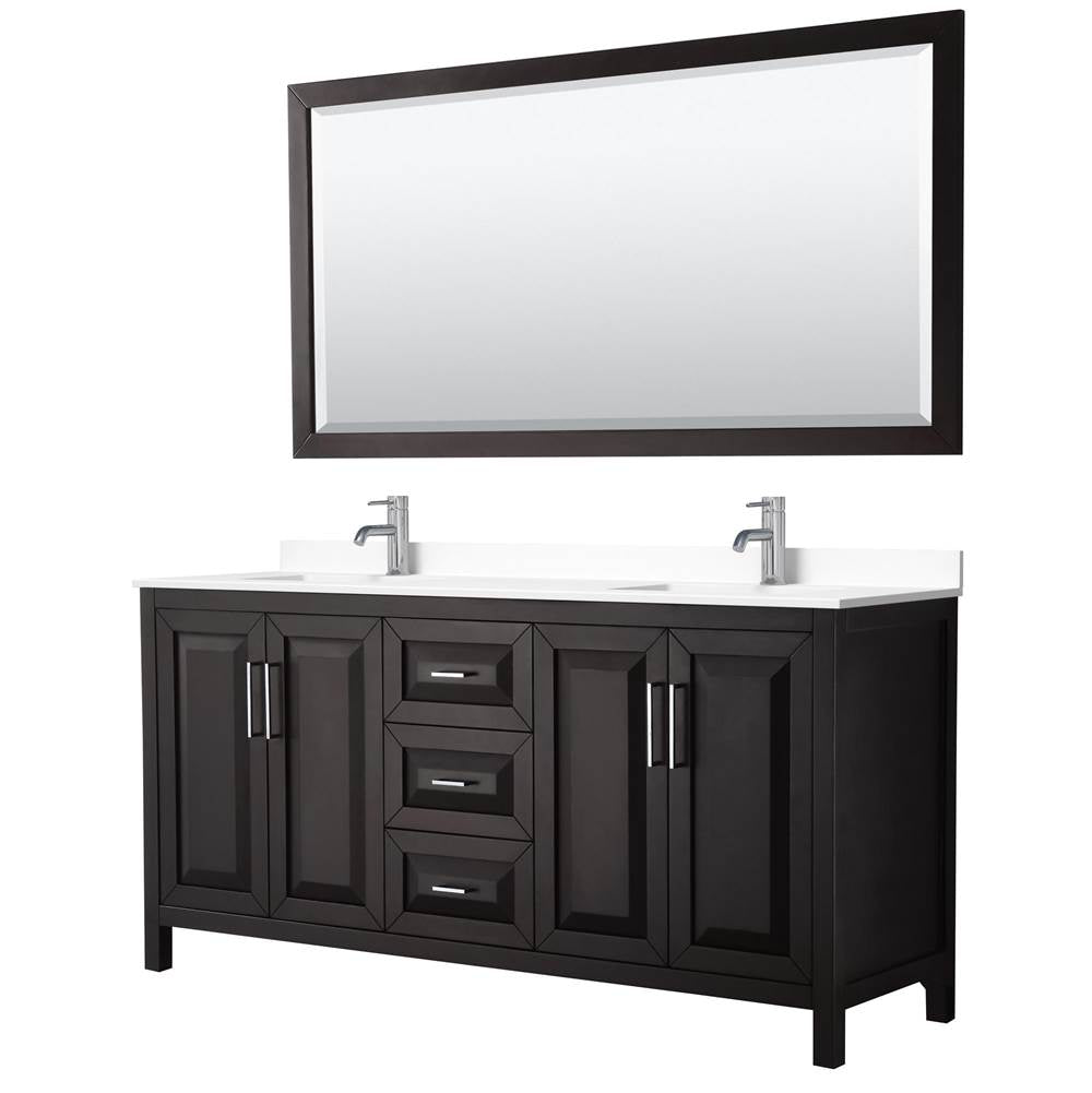 Wyndham Collection - Daria 72 Inch Double Bathroom Vanity in Dark Espresso, White Cultured Marble Countertop, Undermount Square Sinks, 70 Inch Mirror