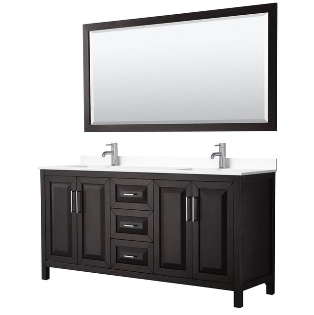 Wyndham Collection - Daria 72 Inch Double Bathroom Vanity in Dark Espresso, White Cultured Marble Countertop, Undermount Square Sinks, 70 Inch Mirror