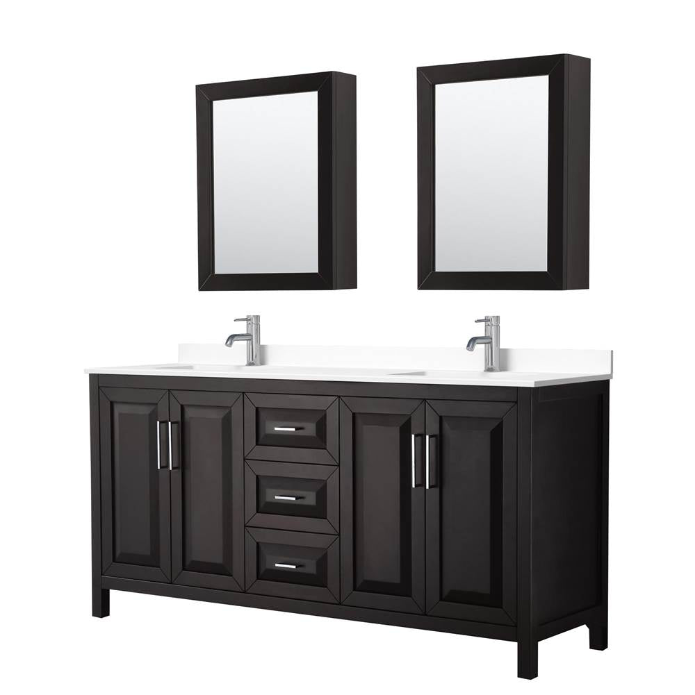 Wyndham Collection - Daria 72 Inch Double Bathroom Vanity in Dark Espresso, White Cultured Marble Countertop, Undermount Square Sinks, Medicine Cabinets