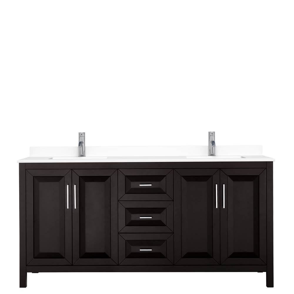 Daria 72 Inch Double Bathroom Vanity in Dark Espresso, White Cultured Marble Countertop, Undermount Square Sinks, No Mirror