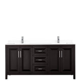 Daria 72 Inch Double Bathroom Vanity in Dark Espresso, White Cultured Marble Countertop, Undermount Square Sinks, No Mirror
