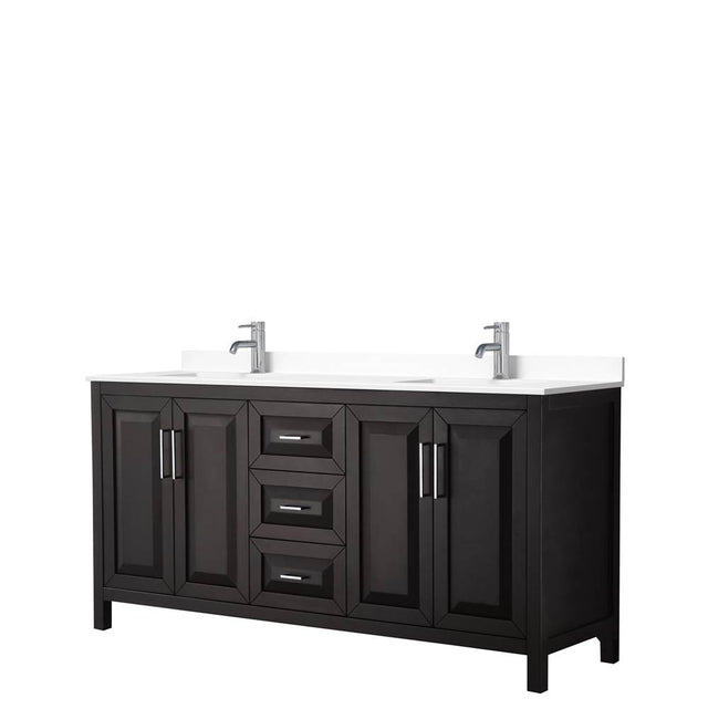 Wyndham Collection - Daria 72 Inch Double Bathroom Vanity in Dark Espresso, White Cultured Marble Countertop, Undermount Square Sinks, No Mirror