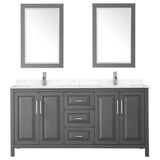 Daria 72 Inch Double Bathroom Vanity in Dark Gray, Carrara Cultured Marble Countertop, Undermount Square Sinks, 24 Inch Mirrors