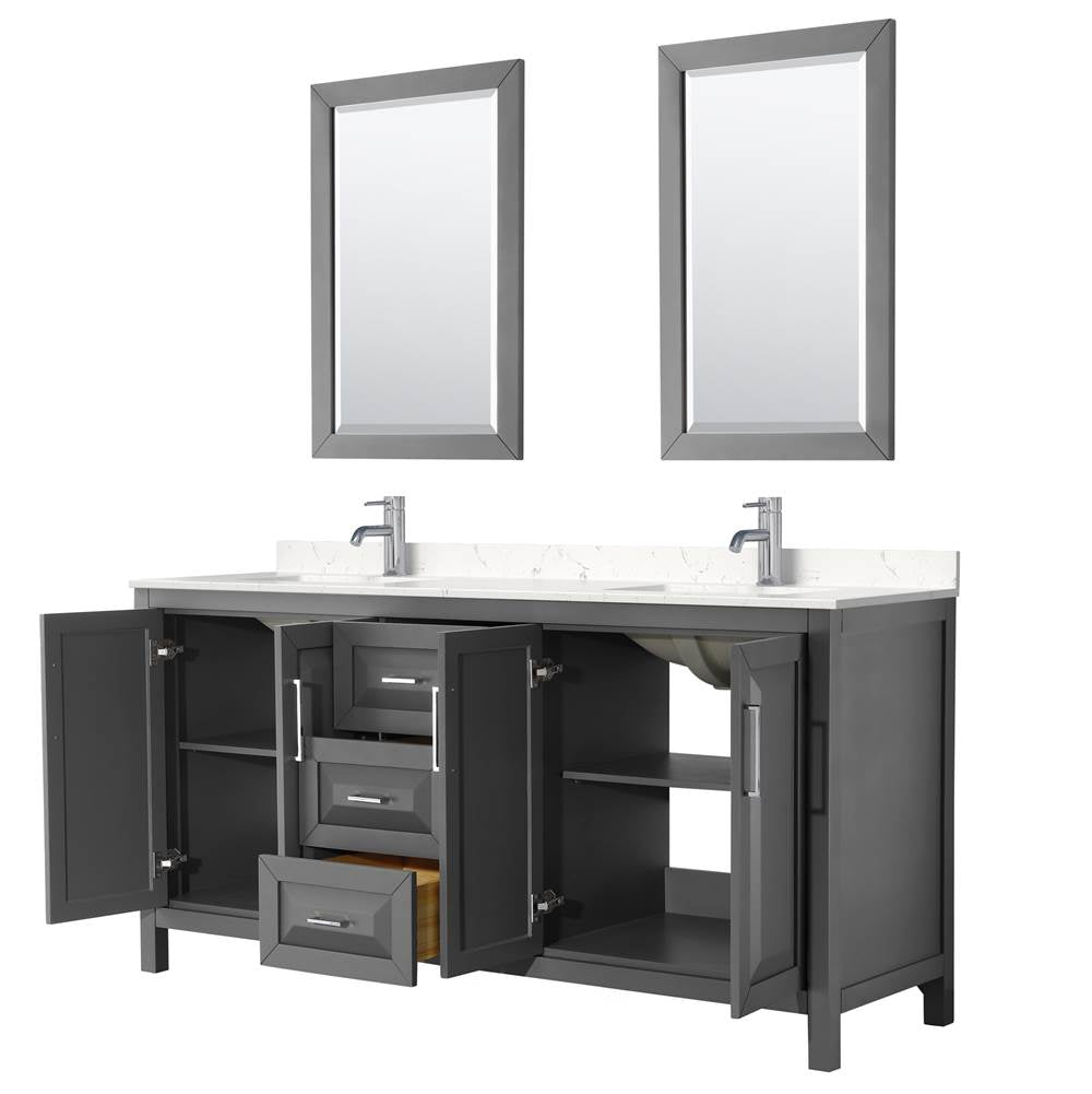Daria 72 Inch Double Bathroom Vanity in Dark Gray, Carrara Cultured Marble Countertop, Undermount Square Sinks, 24 Inch Mirrors