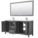Daria 72 Inch Double Bathroom Vanity in Dark Gray, Carrara Cultured Marble Countertop, Undermount Square Sinks, 70 Inch Mirror