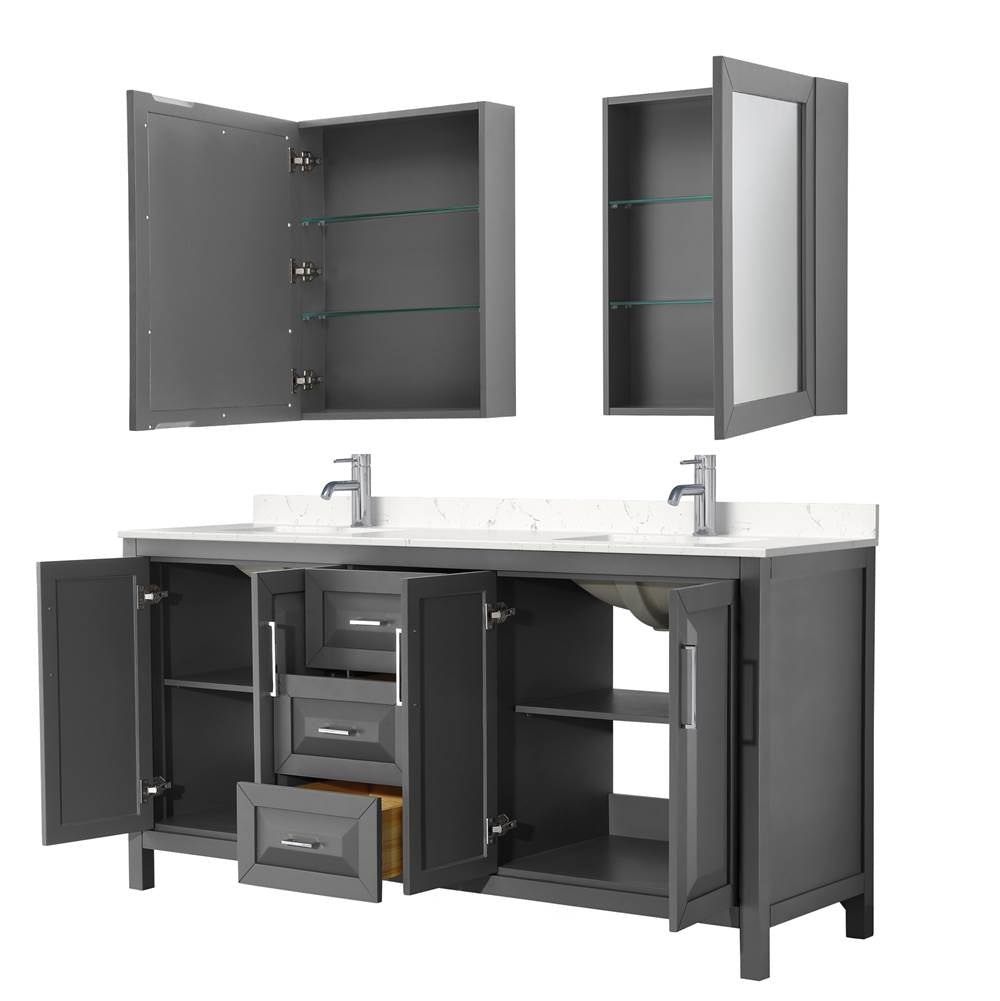 Daria 72 Inch Double Bathroom Vanity in Dark Gray, Carrara Cultured Marble Countertop, Undermount Square Sinks, Medicine Cabinets