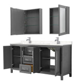 Daria 72 Inch Double Bathroom Vanity in Dark Gray, Carrara Cultured Marble Countertop, Undermount Square Sinks, Medicine Cabinets