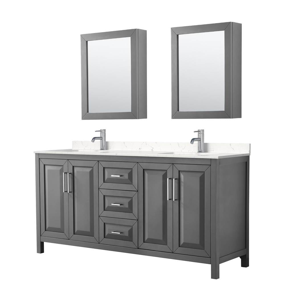 Wyndham Collection - Daria 72 Inch Double Bathroom Vanity in Dark Gray, Carrara Cultured Marble Countertop, Undermount Square Sinks, Medicine Cabinets