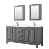 Wyndham Collection - Daria 72 Inch Double Bathroom Vanity in Dark Gray, Carrara Cultured Marble Countertop, Undermount Square Sinks, Medicine Cabinets