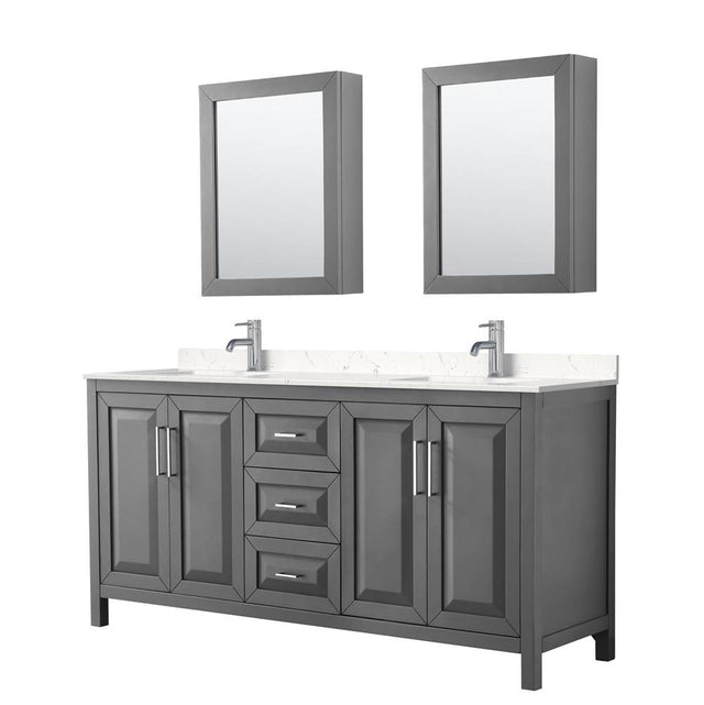 Wyndham Collection - Daria 72 Inch Double Bathroom Vanity in Dark Gray, Carrara Cultured Marble Countertop, Undermount Square Sinks, Medicine Cabinets