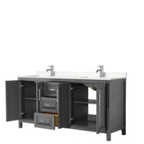 Daria 72 Inch Double Bathroom Vanity in Dark Gray, Carrara Cultured Marble Countertop, Undermount Square Sinks, No Mirror