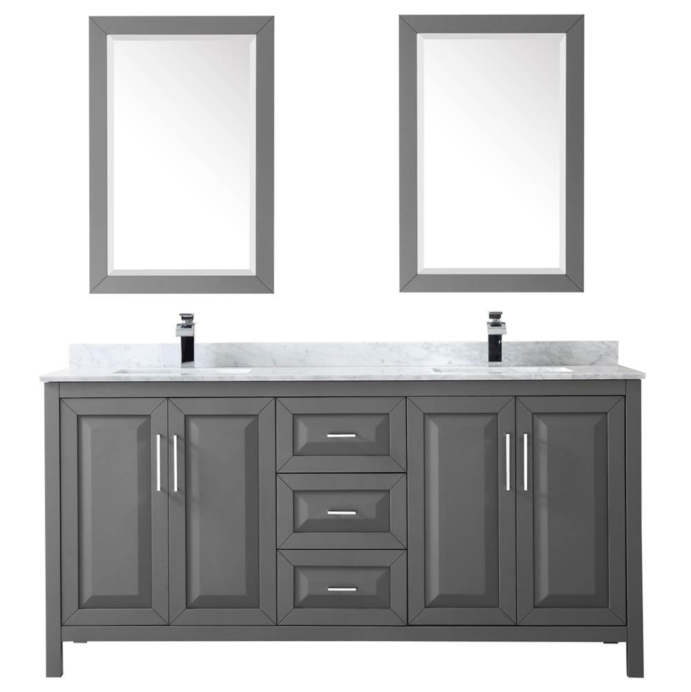 Daria 72 Inch Double Bathroom Vanity in Dark Blue, White Carrara Marble Countertop, Undermount Square Sinks, 24 Inch Mirrors